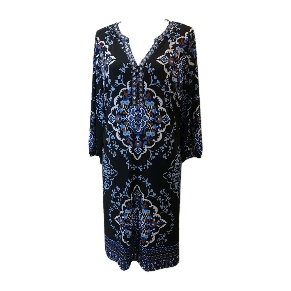 Soft Surroundings Women Dress Size Large Blue Black‎ Paisley Pockets Midi Lined